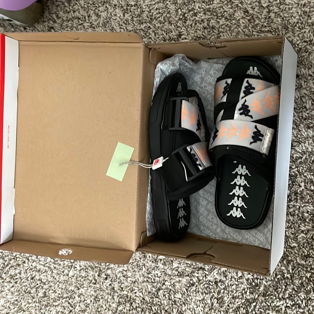 Black and grey LT-Yellow kappa slides size 8.5